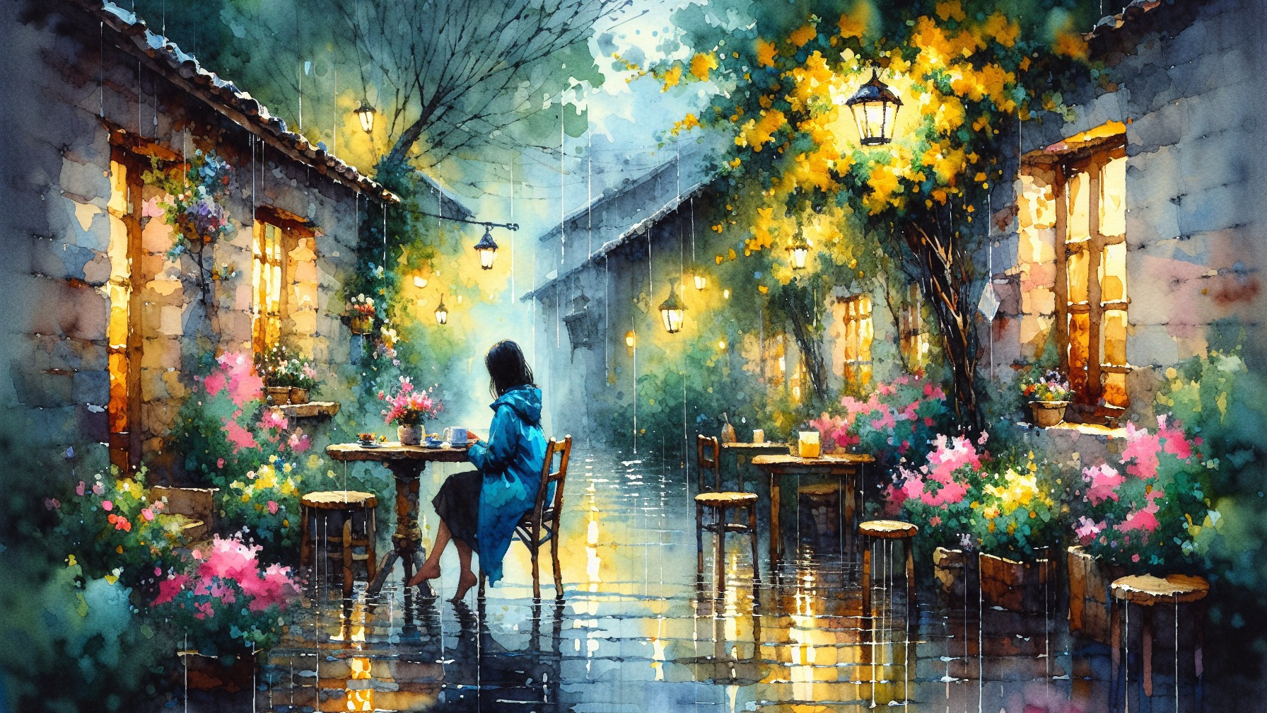 Rainy Street Scene with Figure in Blue Coat and Flowers