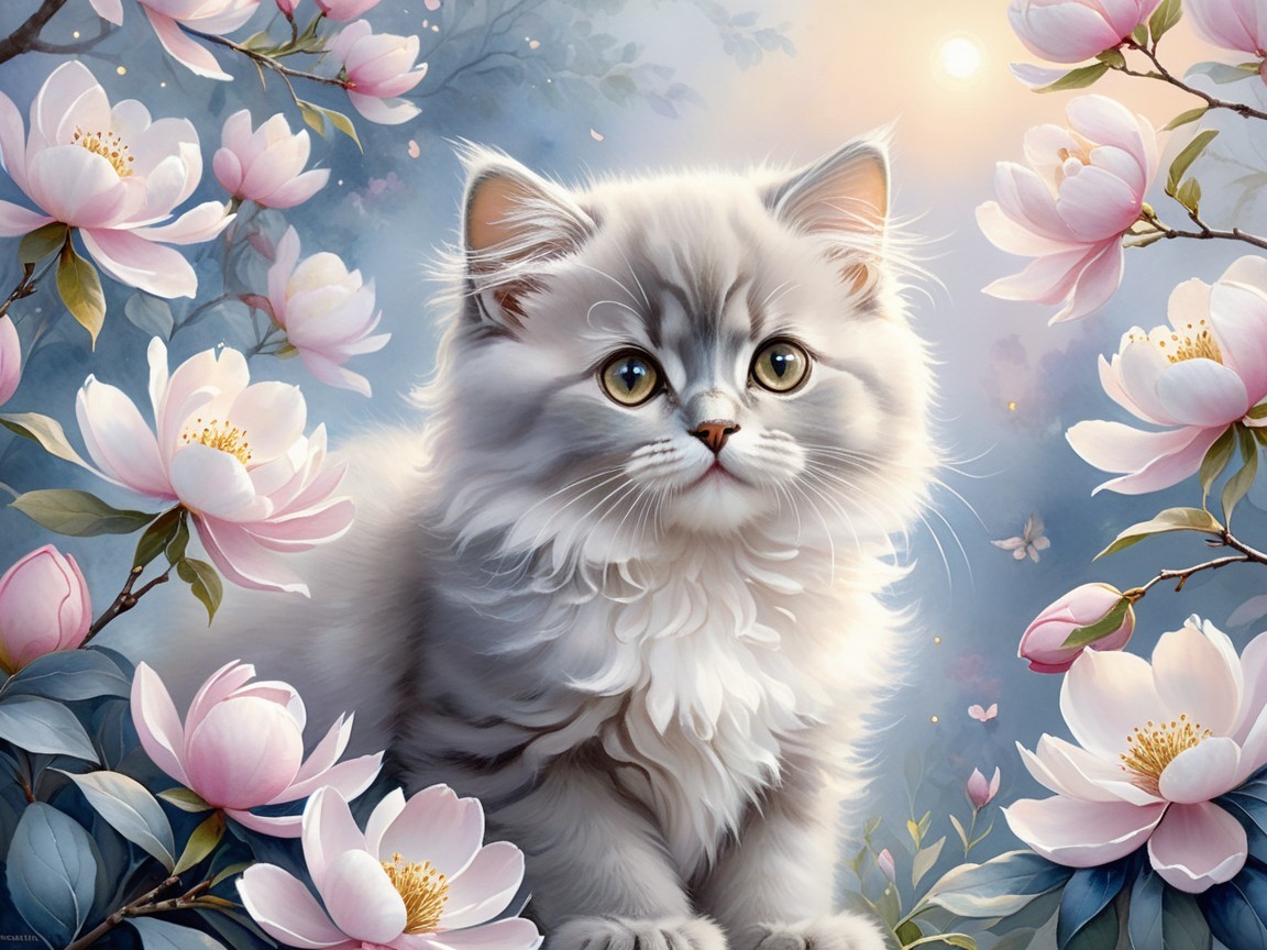 Fluffy Silver Kitten Among Pink Magnolia Blossoms