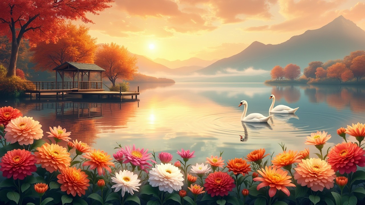 Serene Sunset Landscape with Swans and Gazebo