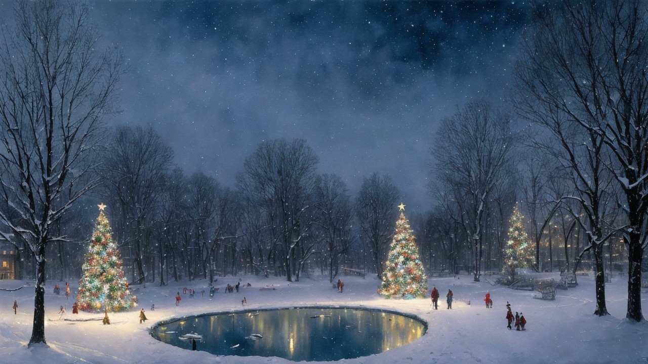 Winter Night Park Scene with Christmas Lights and Snow