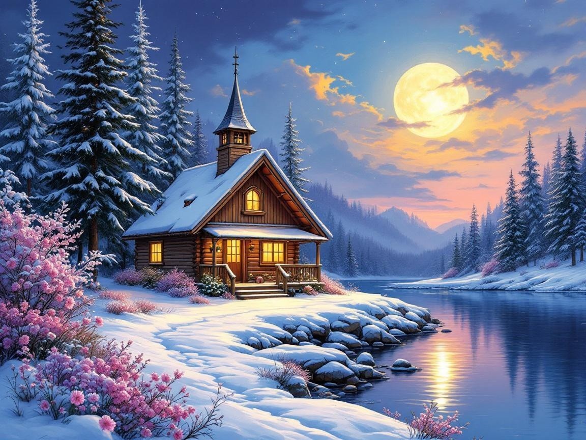 Wooden cabin in snowy landscape with moonlight glow