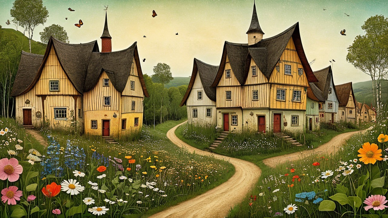 Charming Village Scene with Colorful Houses and Nature