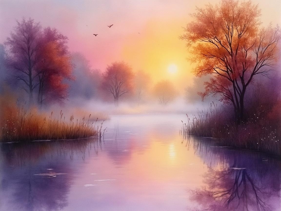 Serene Dawn Landscape with River and Autumn Foliage