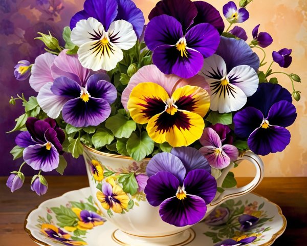 Vibrant Pansy Bouquet in Porcelain Teacup Arrangement