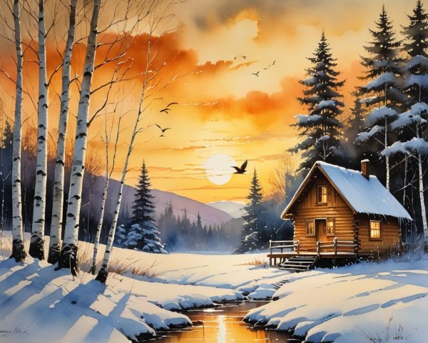 Cozy Cabin in a Serene Winter Landscape at Sunset