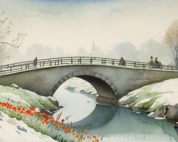 Winter Scene with Stone Bridge Over Calm River