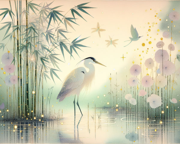 Serene Landscape with Heron and Bamboo Stalks
