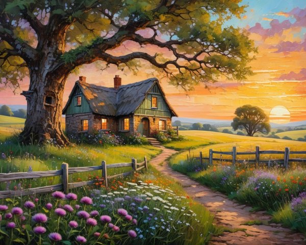 Rustic Cottage Surrounded by Wildflowers at Sunset