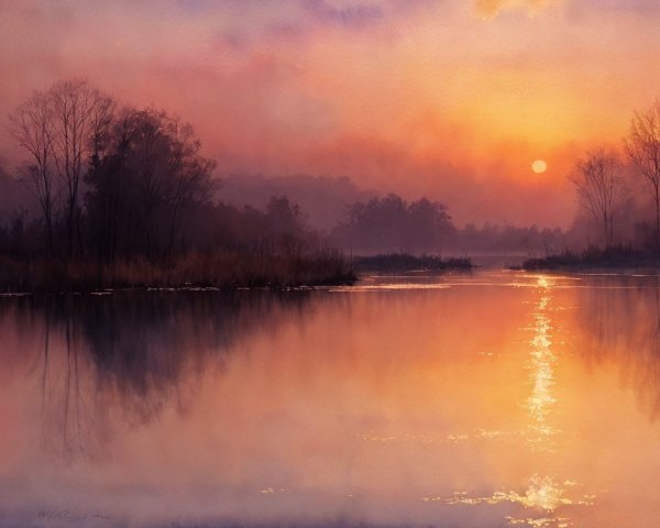 Serene Dawn Landscape with Tranquil Lake and Mist