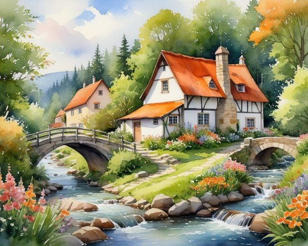 Charming Cottages in a Serene Countryside Scene