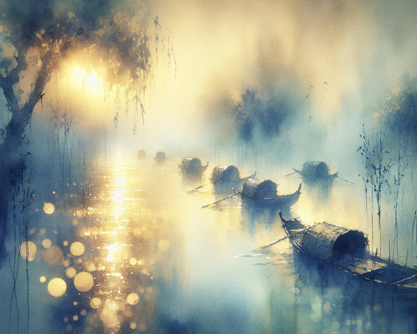 Watercolor Landscape of a Tranquil River at Dawn