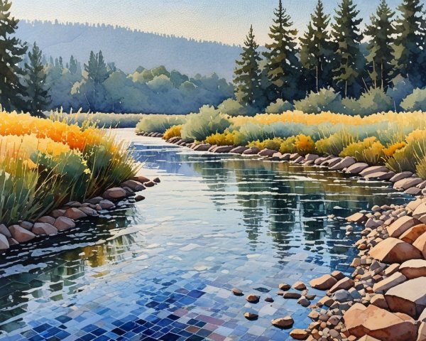 Watercolor Landscape of River and Lush Greenery