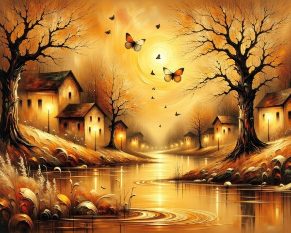 Serene landscape with cozy houses by a winding river