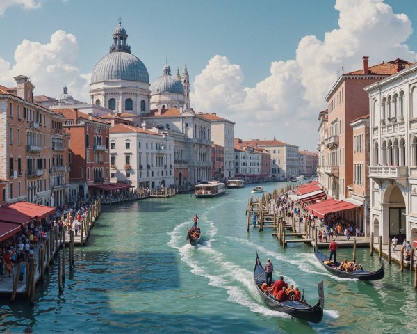Venetian Canal Scene with Historic Buildings and Gondolas