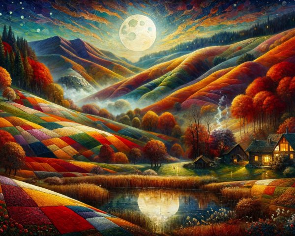 Vibrant Hills and Cozy Cabin Under Full Moonlight