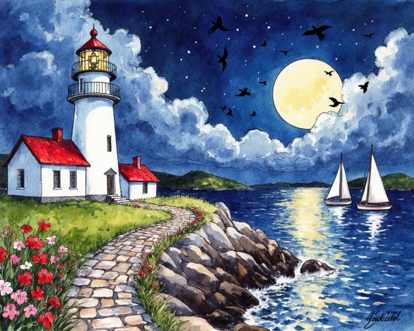 Coastal Scene with Lighthouse and Moonlit Water