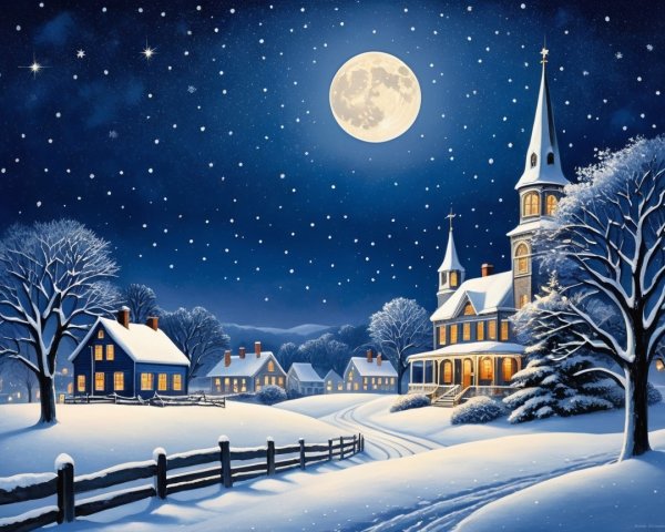 Digital Painting of a Snowy Village at Night