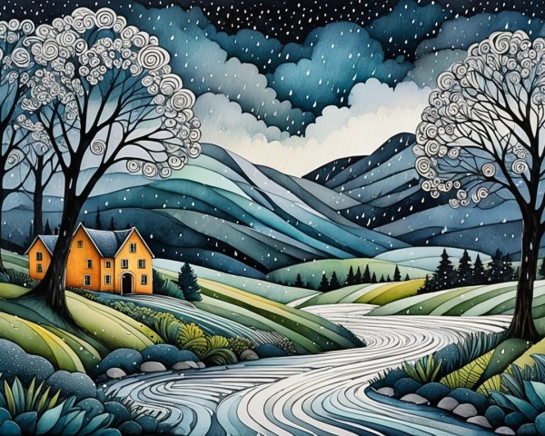 Tranquil Landscape with Hills, River, and Snowflakes