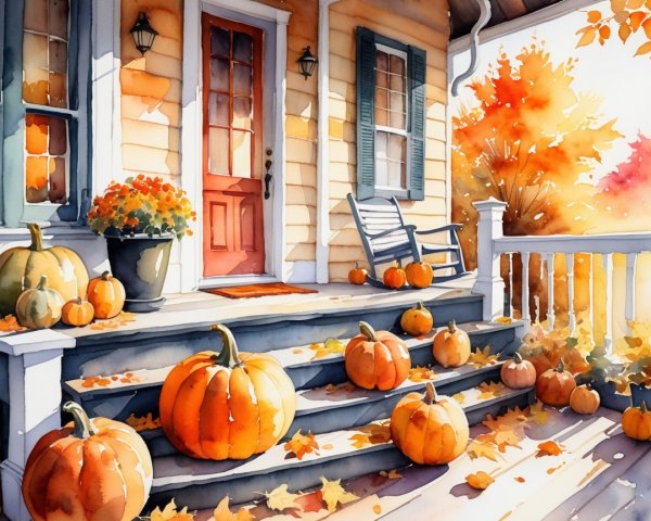 Cozy Autumn Porch with Pumpkins and Fall Decor
