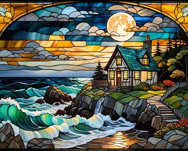 Stained Glass Window of Coastal Scene with House and Moon