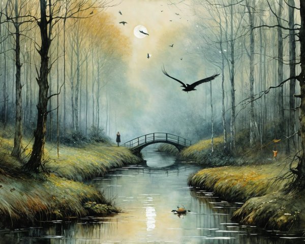 Misty Forest with Serene River and Graceful Bridge