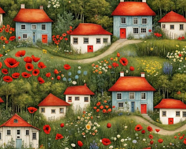 Charming Countryside Scene with Colorful Houses and Hills