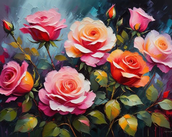 Impressionistic Painting of Multicolored Roses Bouquet