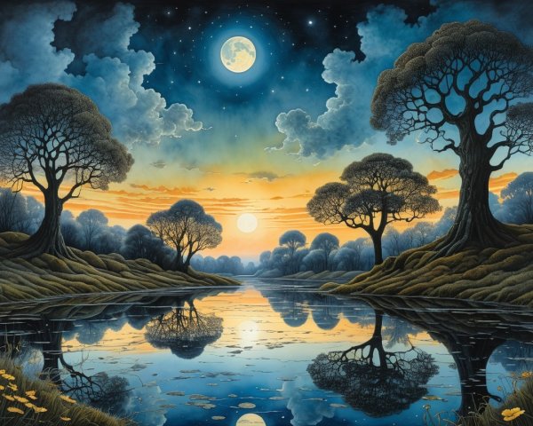 Tranquil River Landscape at Twilight with Moonlight