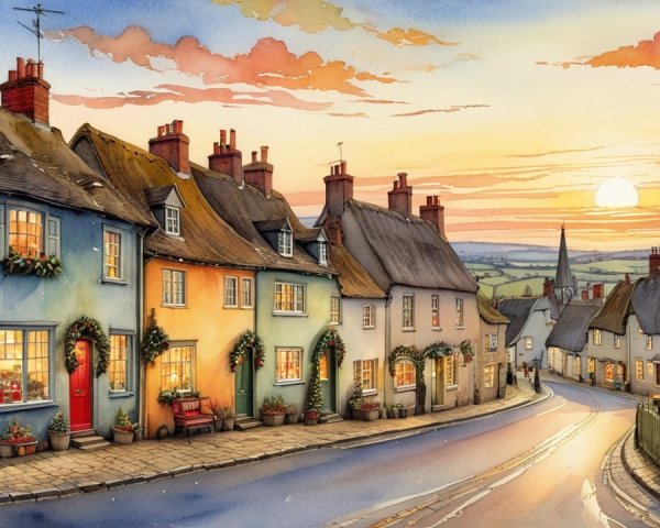 Picturesque Village Street at Sunset with Cottages