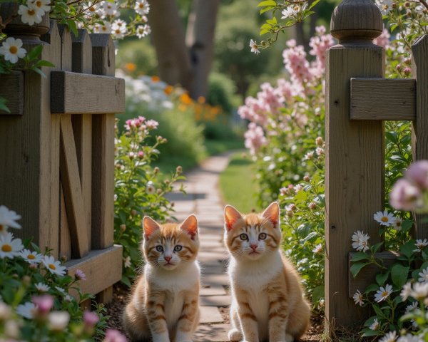 Orange Tabby Kittens on Cobblestone Path in Garden