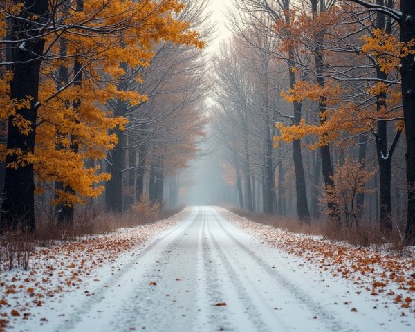 Winter Road Through Snowy Forest with Autumn Leaves