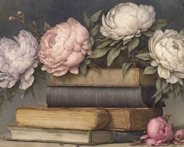 Still Life of Vintage Books and Pastel Peonies