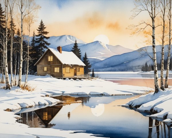 Winter Landscape with Cabin and Frozen Lake Reflection
