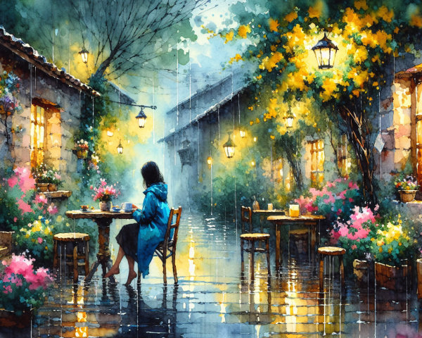 Rainy Street Scene with Figure in Blue Coat and Flowers