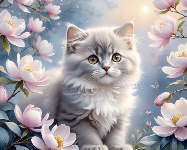 Fluffy Silver Kitten Among Pink Magnolia Blossoms