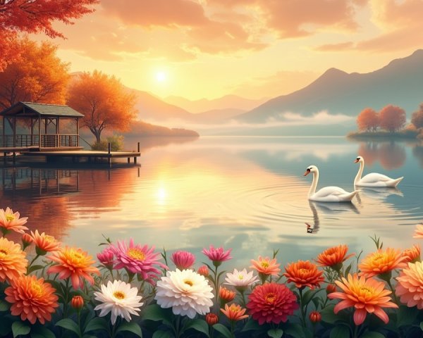 Serene Sunset Landscape with Swans and Gazebo