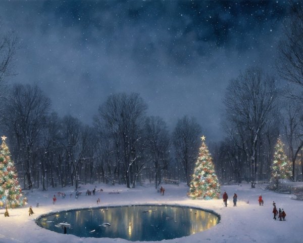 Winter Night Park Scene with Christmas Lights and Snow