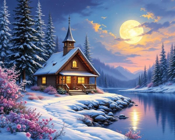 Wooden cabin in snowy landscape with moonlight glow