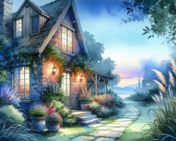 Charming Stone Cottage in Serene Twilight Setting