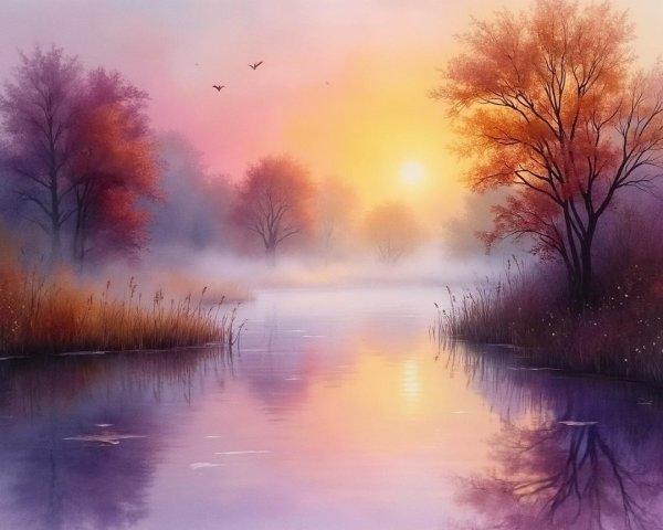 Serene Dawn Landscape with River and Autumn Foliage