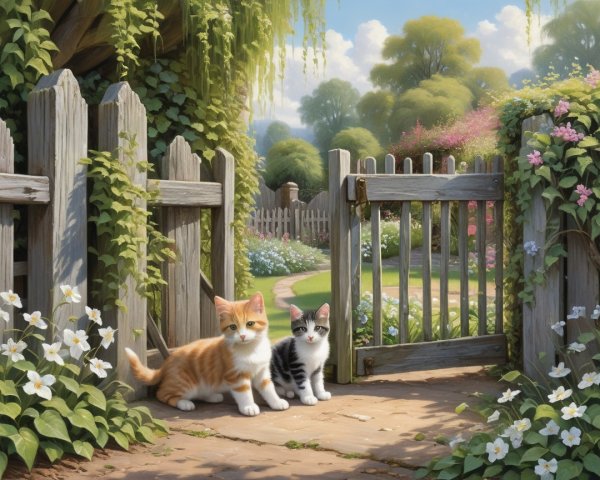 Playful Kittens in a Serene Garden Setting
