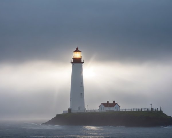 Lighthouse on Rocky Island with Misty Atmosphere