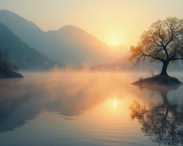 Serene Landscape with Tree on Island at Sunrise