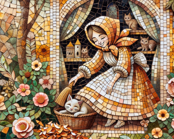 Whimsical Mosaic of a Woman Sweeping Leaves