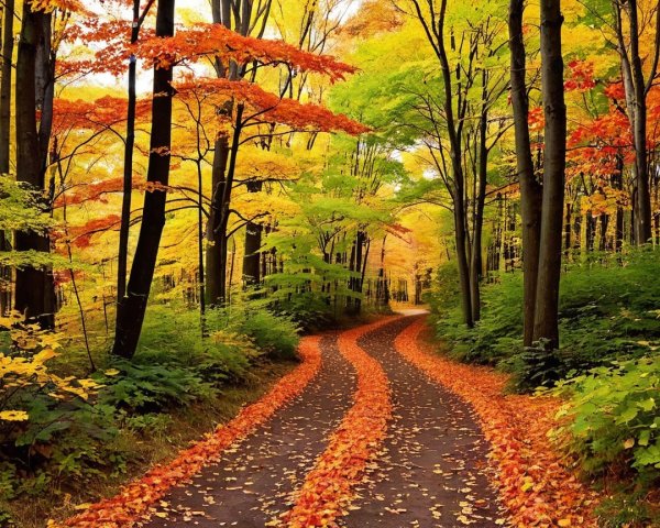Autumn Landscape with Vibrant Foliage and Soft Sunlight