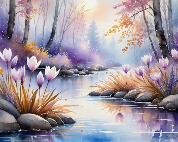 Tranquil River in Serene Autumn Forest Landscape