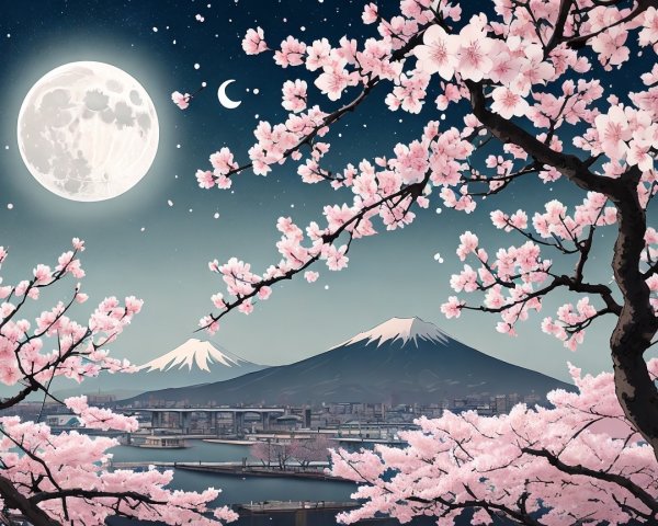 Serene Landscape with Cherry Blossoms and Mountains