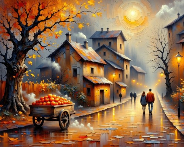 Autumn Village Scene with Cobblestone Streets and Apples