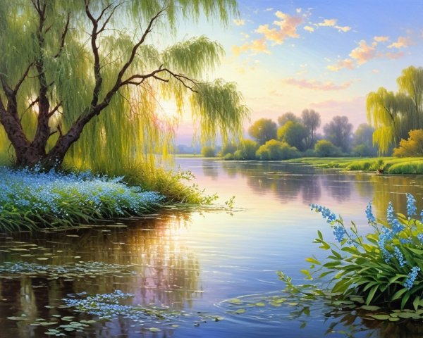 Serene Landscape with Calm River and Dawn Hues