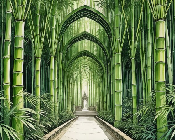 Pathway Through a Tranquil Bamboo Forest Leading to a Temple